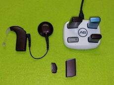 Der SP, verschiedene Akkus und das Ladegerät sind abgebildet. Neben einem Akku liegt der kleine Roger 17 Empfänger.