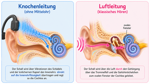 In der linken Bildhälfte wird Schall über den Schädelknochen an die Cochlea geleitet. In der rechten Hälfte wird Schall durch den Gehörgang an die Cochlea geleitet.